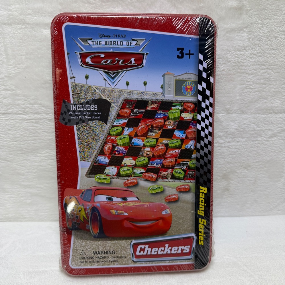 Disney Pixar Cars World of Cars Racing Series Checkers Board Game in Red Tin NEW